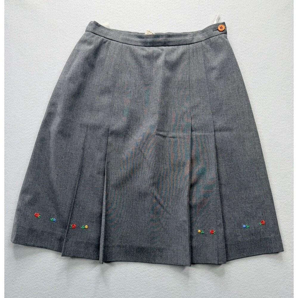 Vintage Micmac Paris Gray Pleated Midi Skirt Floral Embroidered Size S M 70